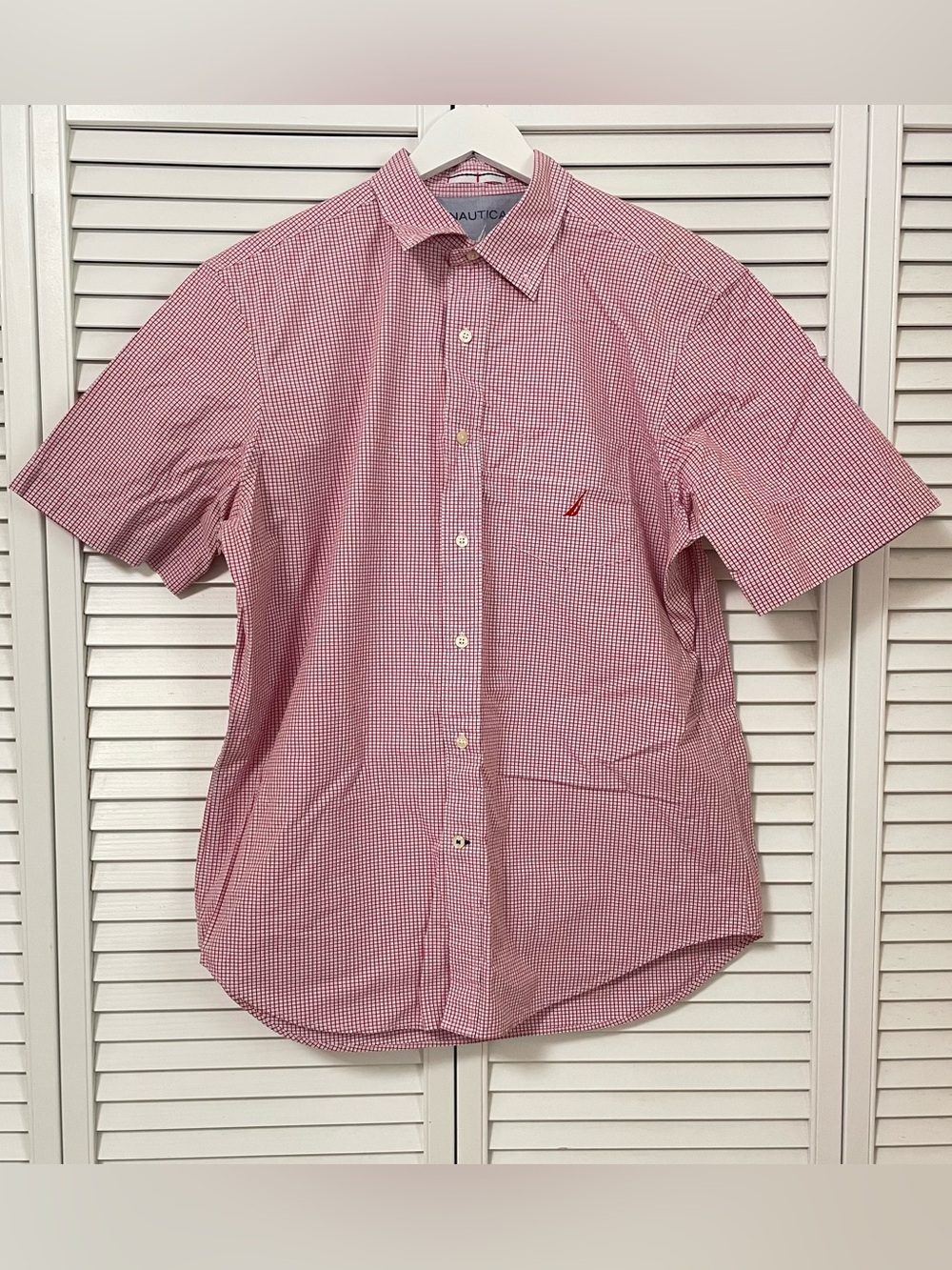 NAUTICA Cotton Button Down Short Sleeve Shirt Pocket Red Plaid Casual Patriotic